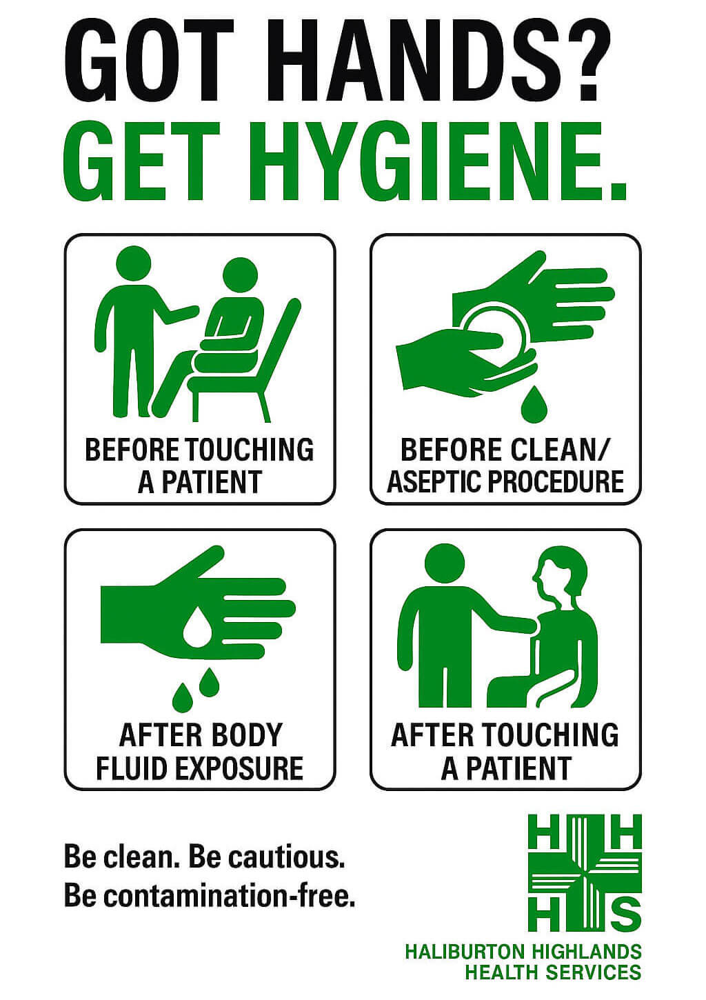 Got Hands? Get Hygiene. Wash hands before touching a patient, before clean/aseptic procedure, after body fluid exposure, after touching a patient.
