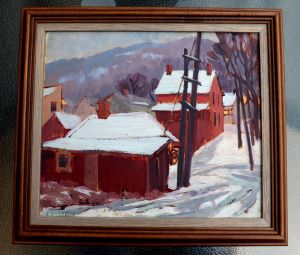 Brick House on Highland Street painting by Ethel Curry, streetscape in the snow