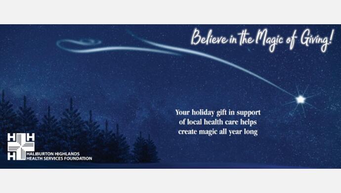 Night sky with shooting star behind the words Believe in the Magic of Giving. With the words: Your holiday gift in support of local health care helps create magic all year long